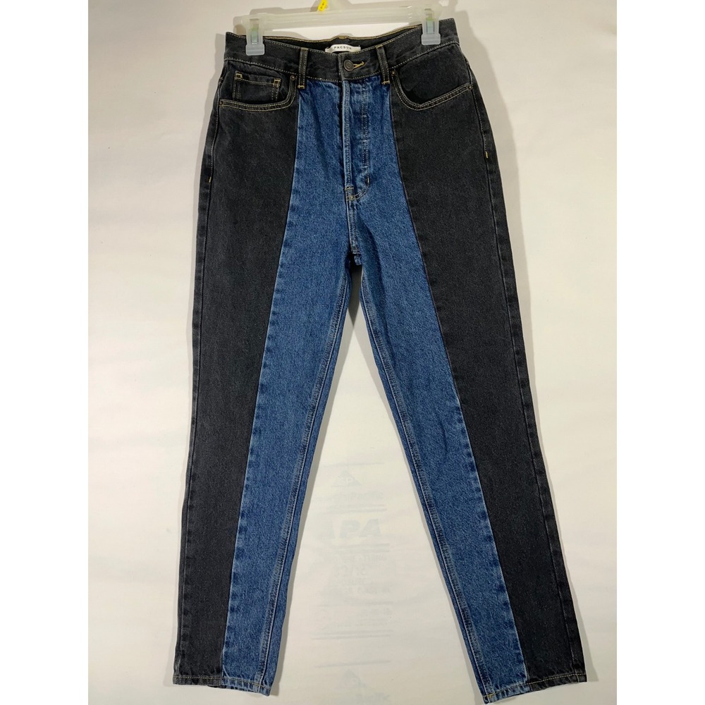 Pacsun Denim Jeans Women Colorblock Black Blue High Rise Button Fly Y2K‎ Sz 27